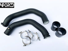 Load image into Gallery viewer, BMW M3/M4 F80 F82 S55 Aluminium Charge Pipe Kit (Boost Pipes) – Mandrel-Bent, Black Crinkle, Meth/Water Ports – Includes Silicone Hoses & Mikalor Clamps