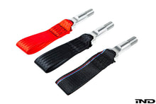 Load image into Gallery viewer, Fall-Line Motorsports Rear Tow Strap for BMW G87 M2, G80 M3, G82/G83 M4 (G8X) - Screw-In Threaded Tow Hook, CNC Machined Stainless Steel Shank, Motorsport-Grade Webbing - Track-Ready, Made in USA