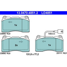 Load image into Gallery viewer, ATE Ceramic Brake Pad Set 13.0470-4851.2 (13047048512) for Alfa Romeo 159 with Brembo Calipers, Low Dust, Wear Sensor/Warning Contact, OEM Quality
