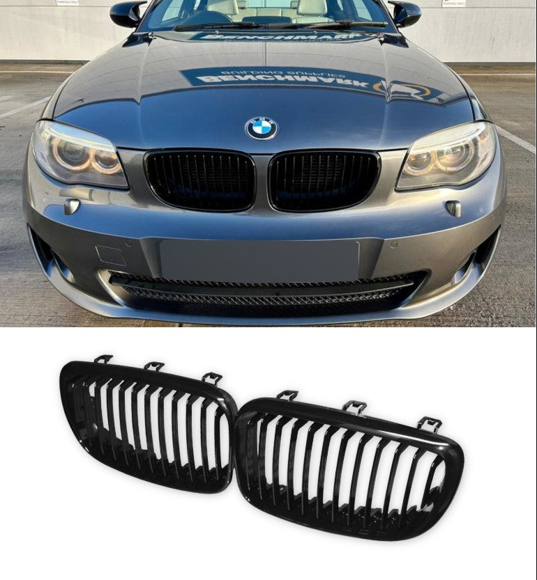 BMW 1 SERIES E81 E82 E87 E88 LCI FRONT KIDNEY GRILLES GLOSS BLACK OEM FIT 07-12