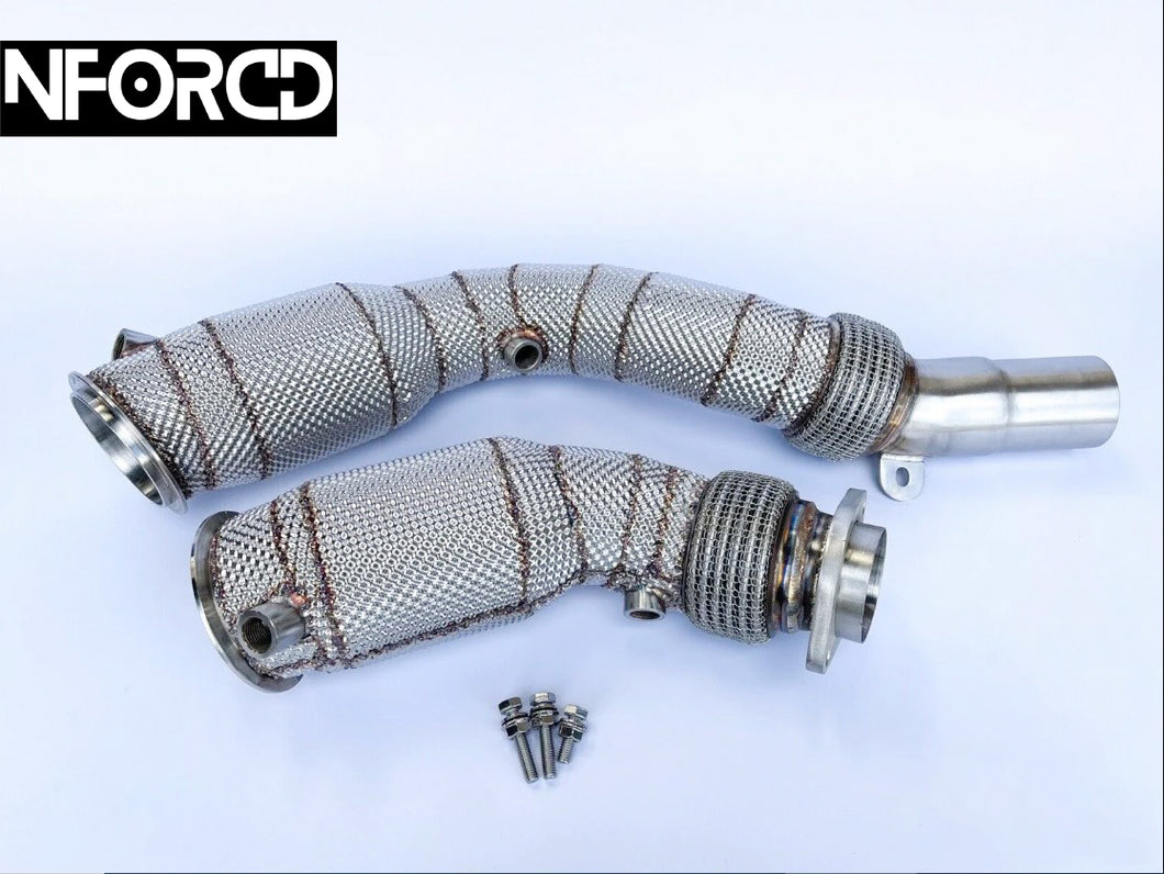 BMW M3 M4 F80 F82 S55 200 Cell Hi-Flow Catted Turbo Downpipes with Heat Shield – T304 Stainless Sports Cats (2014+)