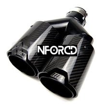 Load image into Gallery viewer, Carbon Fibre Dual Exhaust Tip – Twin Tip, Dual Exit | Gloss Black Carbon &amp; 304 Stainless Steel | Universal Custom Fit Performance Tailpipe with M Sport Logo
