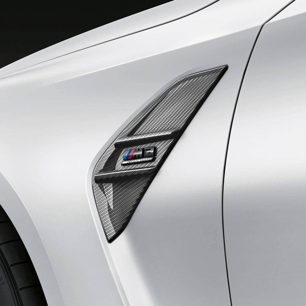BMW M3 G80/G81 (2021+) M Performance Carbon Fibre/Carbon Fiber Air Breather Side Vent Fender Trims - Pre-Preg 2x2 Twill, Left & Right Pair with M3 Badge