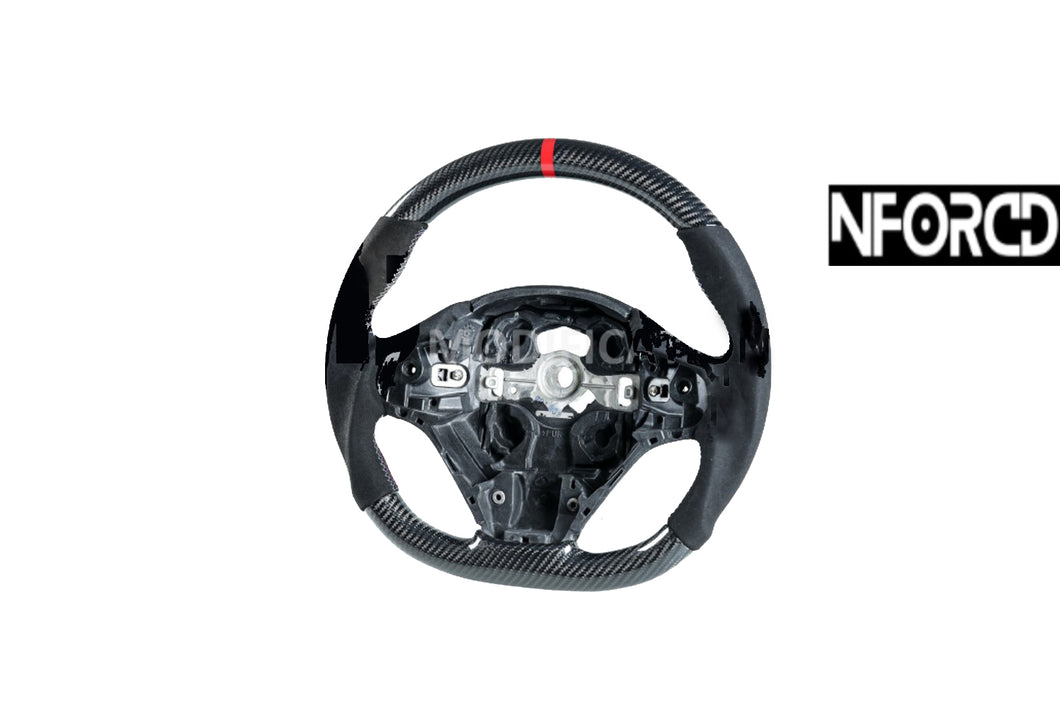 Carbon Fibre & Suede Flat Bottom Steering Wheel with Red Accents for BMW F-Series (F20 F21 F22 F23 F30 F31 F34 F35 F32 F33) – 1 2 3 4 Series, M-Colour Stitching, OEM Replacement Performance Style
