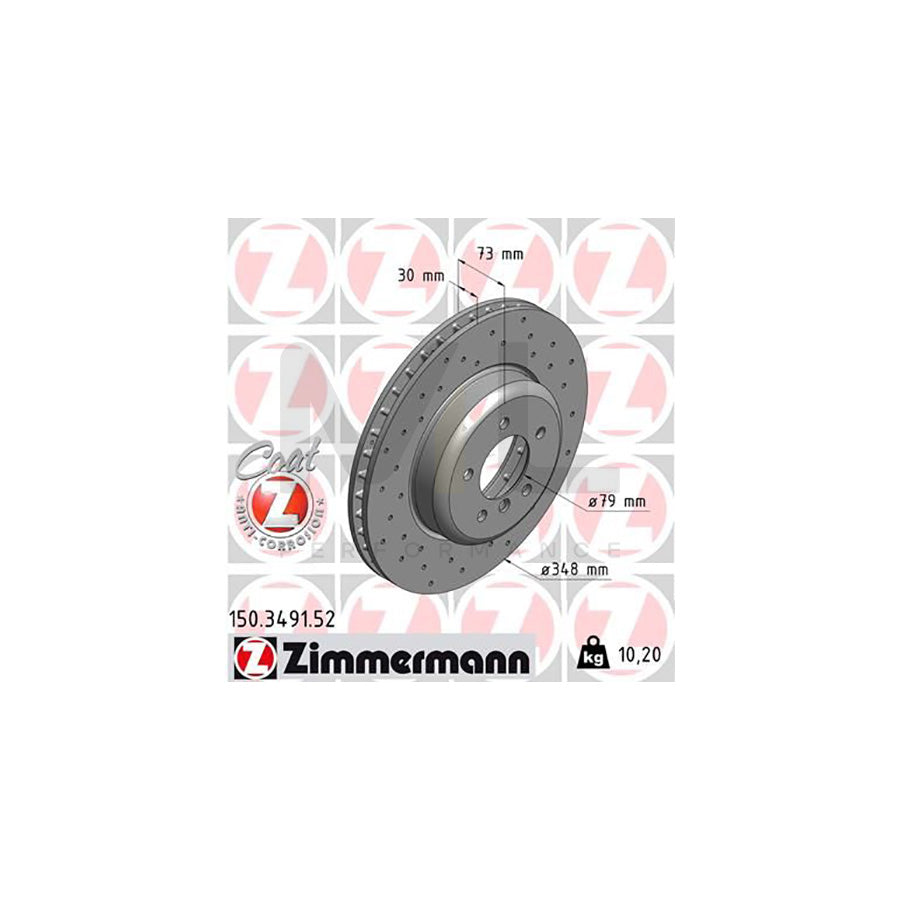 Zimmermann Sport Coat Z Brake Disc 150.3491.52 for BMW Z4 Roadster (E89) - 348x30mm, Internally Vented, Perforated/Drilled, High-Carbon, Coated Rotor