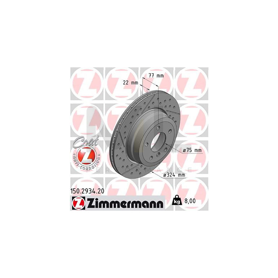 ZIMMERMANN COAT Z 150.2934.20 Brake Disc for BMW 1 Series Drilled dimples, Internally Vented, Slotted, Coated, High-carbon