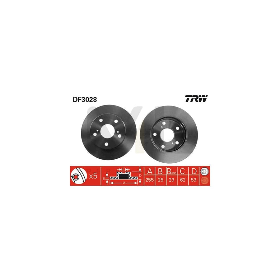 TRW DF3028 Vented Brake Disc Rotor 255mm x 25mm, 5-Hole - OEM Quality Replacement
