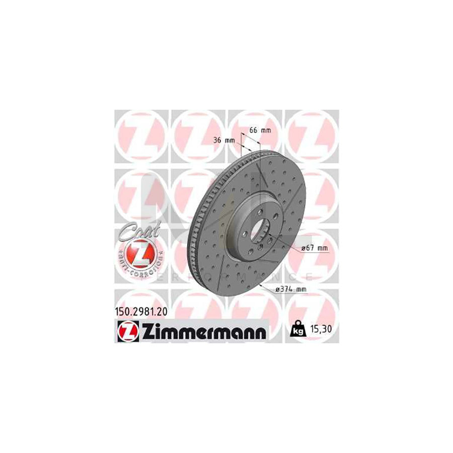 Zimmermann 150.2981.20 High-Carbon Anti-Corrosion Coated Drilled Dimpled & Slotted Brake Disc (Rotor) 374x36mm, Internally Vented, for BMW 3 Series