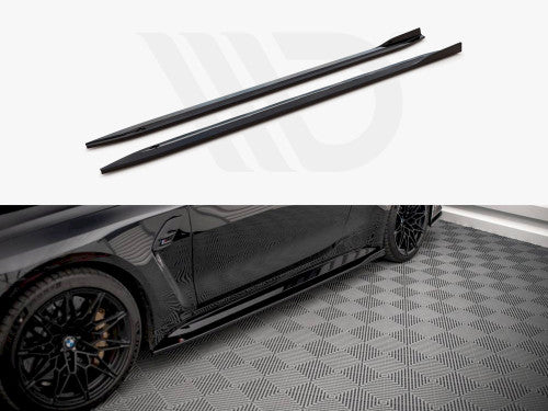 BMW M4 G82 2021-on Side Skirts Diffusers – Maxton Design V1 Gloss Black Side Skirt Splitters/Extensions (ABS, Pair, Fitting Kit)