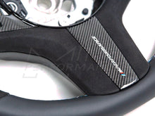 Load image into Gallery viewer, Genuine BMW M Performance Steering Wheel Kit for F90 M5 - Alcantara, Carbon Fibre (Carbon Fiber) Trim &amp; Paddle Shifters, Blue Centre Stripe - OEM 32302455277

