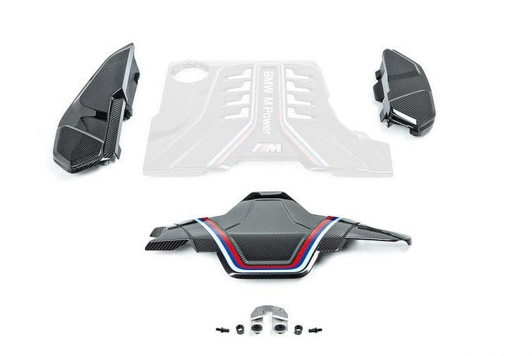 Genuine BMW M Performance Carbon Fibre Engine Cover Extension Kit for F90 M5 & F91 F92 F93 M8 - Front & Side Covers - OEM Engine Bay Carbon Trim - Part 11122455570