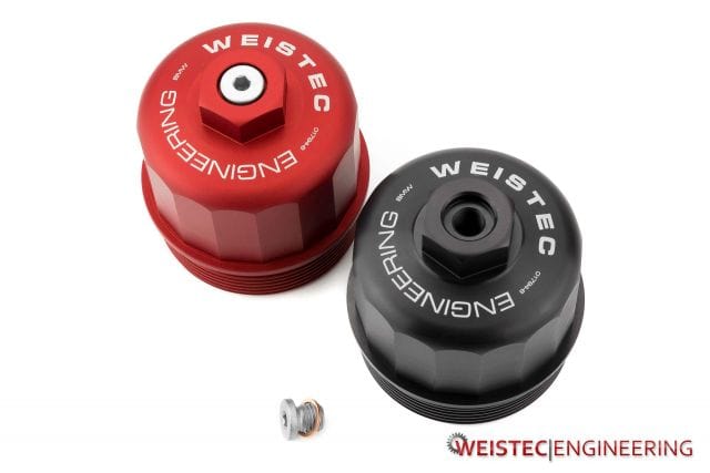 Weistec Engineering BMW S63/S63TU Billet Oil Filter Housing Cap w/ Drain Plug - M5 F10/F90, M6 F06/F12/F13, X5M F85, X6M F86 - CNC 6061 Aluminum, Red/Black, OEM Replacement