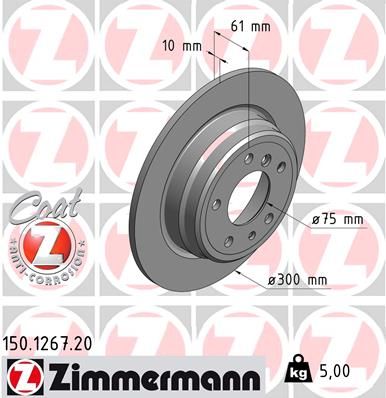 Zimmermann Coat Z 150.1267.20 High Carbon Solid Brake Disc 300mm Coated Anti-Corrosion for BMW 5 Series