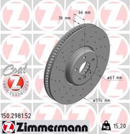 Zimmermann 150.2981.52 Brake Disc for BMW 3 Series 374x36mm – Drilled/Perforated, Internally Vented, Coated High-Carbon Performance Rotor