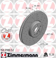 BMW 3 Series Brake Disc 374mm x 36mm - Zimmermann 150.2980.52, Drilled & Vented, Coated High-Carbon Performance Rotor