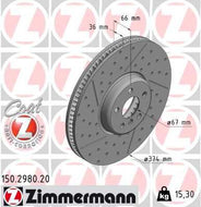 ZIMMERMANN 150.2980.20 Brake Disc 374mm x 36mm for BMW 3 Series – Dimpled & Slotted, Internally Vented, High-Carbon, Coated Performance Rotor