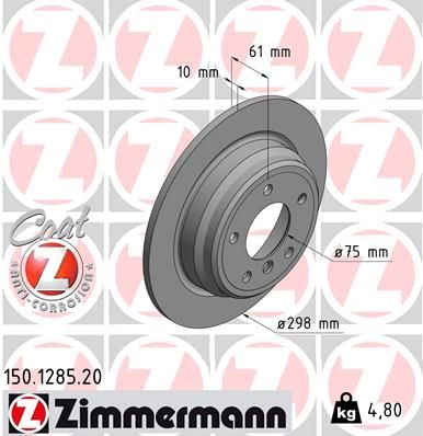 Zimmermann COAT Z Brake Disc 150.1285.20 for BMW 5 Series Saloon (E39) - 298mm Solid High-Carbon, Anti-Corrosion Coated, OE-Quality Replacement Rotor