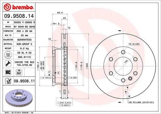Brembo 09.6948.11 Coated Disc Line Brake Disc/Rotor for BMW 8 Series (E31) 324mm x 30mm, Internally Vented, High-Carbon, 5-Stud, Includes Bolts/Screws