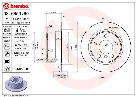 Brembo 08.6853.80 High-Carbon Solid Brake Disc (Rotor) for BMW Z3 - 272x10mm, 5-Stud - Includes Bolts/Screws