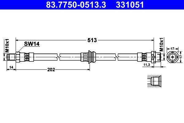 ATE 83.7750-0513.3 Brake Hose for BMW X3 (E83) 2003-2010, 513mm Hydraulic Flexible Brake Line M10x1, Front/Rear