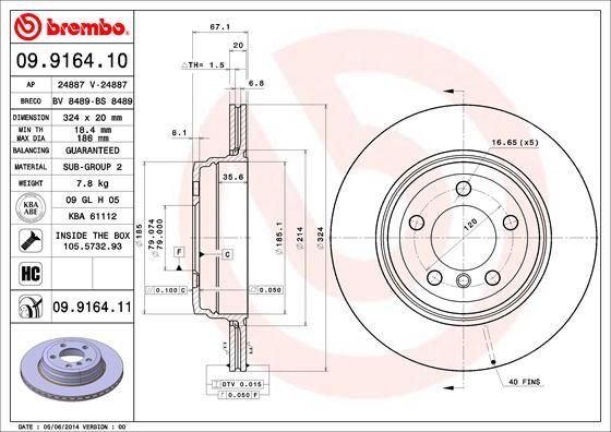 Brembo Coated Disc Line 09.9164.11 Brake Disc Rotor for BMW 7 Series (E65/E66/E67) | 324mm x 20mm, 5-Hole, Internally Vented, High-Carbon | Includes Bolts/Screws