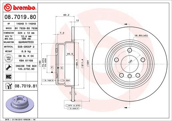 BREMBO 08.7019.80 Brake Disc for BMW X5 (E53) Solid, High-carbon, with bolts/screws