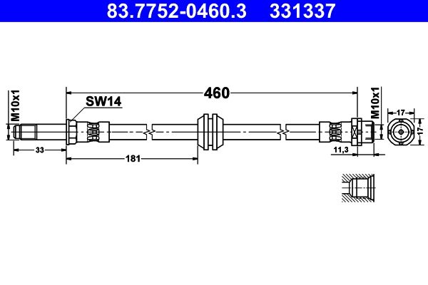 ATE Brake Hose 83.7752-0460.3 Fits BMW 3 Series, 460mm M10x1, OE-Spec Flexible Hydraulic Brake Line Replacement