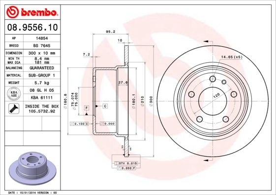 Brembo 08.9556.10 Brake Disc Rotor 300 mm Solid for BMW 5 Series (5-Hole) – Includes Bolts/Screws | Genuine Replacement