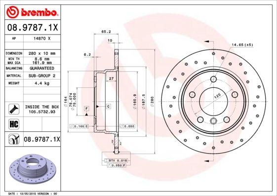 BREMBO XTRA LINE 08.9787.1X Brake Disc for BMW 1 Series Perforated, Solid, Coated, High-carbon, with bolts/screws