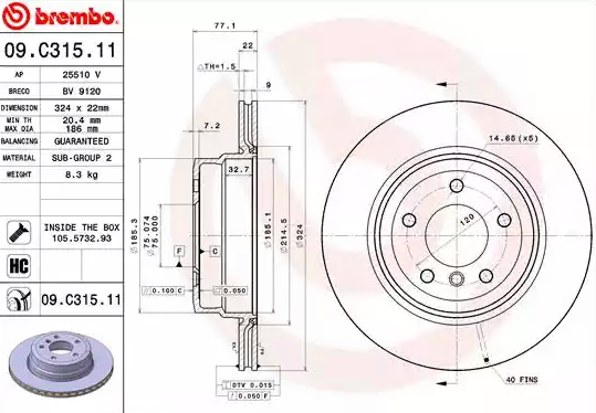 BREMBO COATED DISC LINE 09.C315.11 Brake Disc for BMW 1 Series Internally Vented, Coated, High-carbon, with bolts/screws