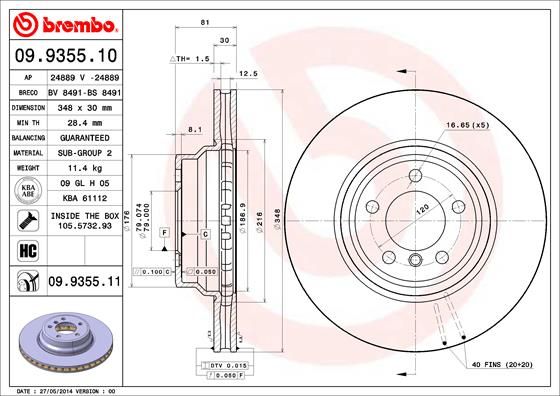 Brembo Coated Disc Line Brake Disc (Rotor) 09.9355.11 for BMW 7 Series (E65 E66 E67) - High-Carbon, Internally Vented, Anti-Corrosion Coated, 348mm x 30mm, 5-Hole, Includes Bolts/Screws