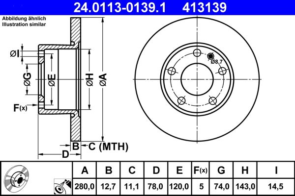 ATE 24.0113-0139.1 Brake Disc (Rotor) for BMW 5 Series E12 Saloon, 280mm x 12.7mm, Solid, Coated, 5-Hole