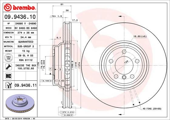 BREMBO COATED DISC LINE 09.9436.11 Brake Disc for BMW 7 (E65, E66, E67) Internally Vented, Coated, High-carbon, with bolts/screws