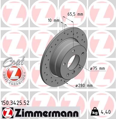 Zimmermann Sport Coat Z Brake Disc 150.3425.52 for BMW 1 Series – 280mm Solid Drilled Perforated High Carbon Coated Rotor
