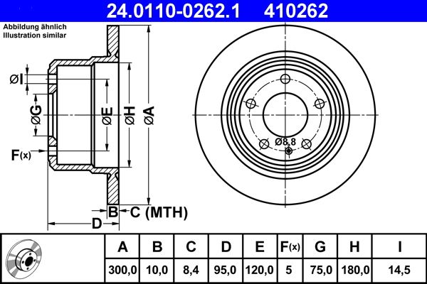ATE 24.0110-0262.1 Brake Disc for BMW 5 Series, Solid 300mm x 10mm, 5-Stud Rotor (24011002621)