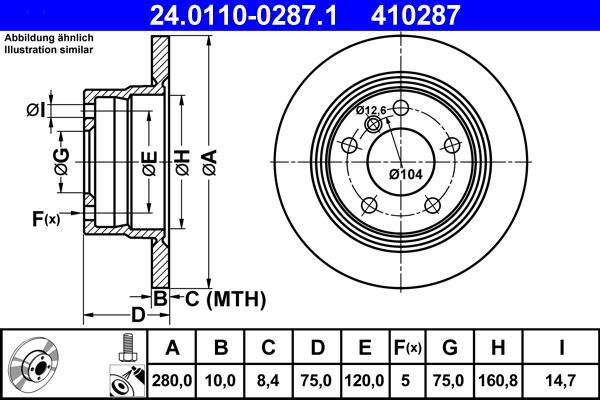 ATE 24.0110-0287.1 Brake Disc for BMW Z4 Roadster (E85) Solid, Coated, High-carbon, with bolts/screws
