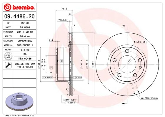 Brembo 09.4486.20 Brake Disc Rotor for BMW 5 Series Saloon (E28) – 284mm x 22mm, Internally Vented, 5 Hole, with Bolts/Screws