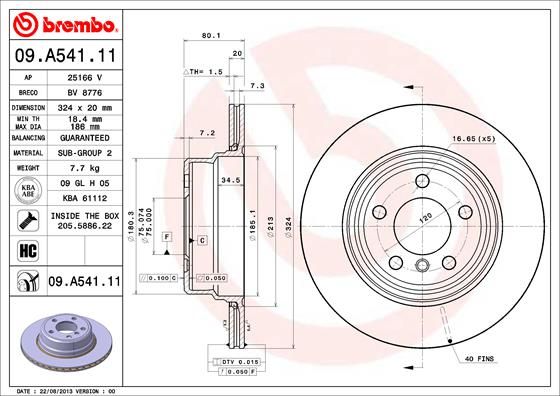 Brembo Coated Disc Line 09.A541.11 Brake Disc for BMW X5 (E53) 1999-2006 - 324mm x 20mm, Internally Vented, High-Carbon, Anti-Corrosion Coated, OE Quality, 5-Stud, With Bolts/Screws