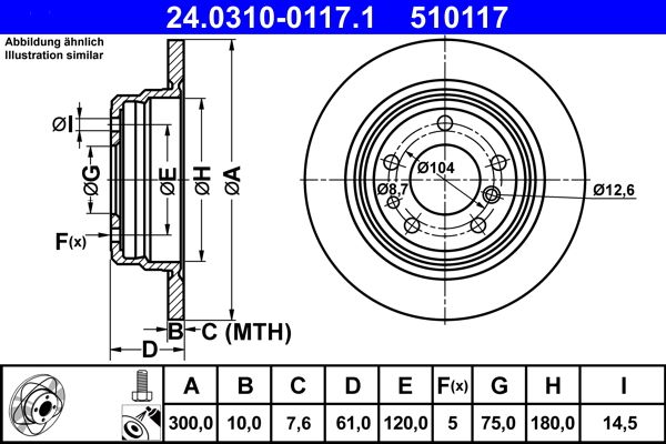 ATE PowerDisc 24.0310-0117.1 (24031001171) Rear Brake Disc/Rotor for BMW 5 Series, 300mm Solid, Grooved, Coated High-Carbon, Includes Bolts/Screws