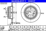 ATE PowerDisc 24.0310-0117.1 (24031001171) Rear Brake Disc/Rotor for BMW 5 Series, 300mm Solid, Grooved, Coated High-Carbon, Includes Bolts/Screws