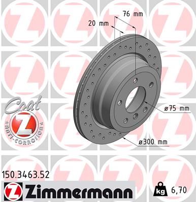 Zimmermann Sport Coat Z Brake Disc Rotor 150.3463.52 for BMW 1 Series - Drilled/Perforated, Internally Vented, High-Carbon, Coated, 300mm