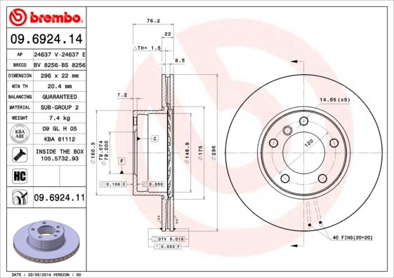Brembo 09.6924.14 High Carbon Internally Vented Brake Disc 296mm x 22mm, 5-Stud, Includes Bolts/Screws – For BMW 5 Series