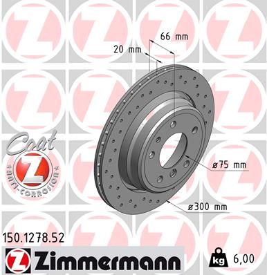 Zimmermann Sport Coat Z Performance Brake Disc 150.1278.52 for BMW 5 Series (300 mm) – Drilled/Perforated, Externally Vented, High‑Carbon, Coat Z Anti‑Corrosion
