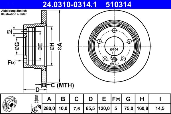 ATE PowerDisc 24.0310-0314.1 Brake Disc for BMW 1 Series, 280mm Solid High-Carbon Coated 5-Hole – Includes Bolts/Screws