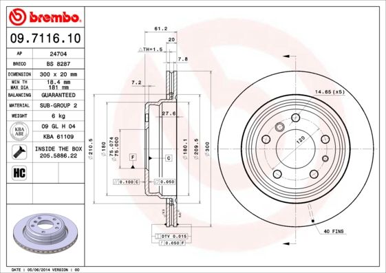 Brembo 09.7116.10 Brake Disc (Rotor) for BMW 5 Series, High Carbon, Internally Vented, 300mm x 20mm, 5-Stud, With Bolts/Screws, OEM Quality