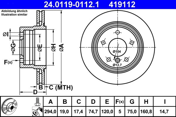 ATE 24.0119-0112.1 Brake Disc for BMW Z4 Vented, Coated, High-carbon, with bolts/screws
