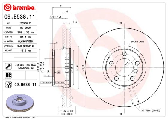 BREMBO COATED DISC LINE 09.B538.11 Brake Disc for BMW 7 (E65, E66, E67) Internally Vented, Coated, High-carbon, with bolts/screws