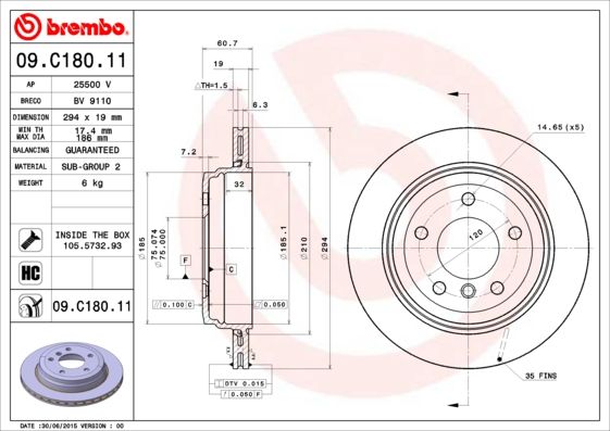BMW 3 Series Brake Disc 294mm - Brembo Coated Disc Line 09.C180.11, Internally Vented, High-Carbon, 5-Stud, With Bolts/Screws