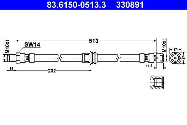 ATE 83.6150-0513.3 Brake Hose for BMW X3 (E83) 513mm, M10x1