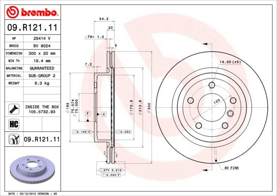 Brembo Coated Disc Line 09.R121.11 Brake Disc (Rotor) for BMW Z4 Roadster E89 - High-Carbon, Internally Vented, Coated, 300mm, 5-Hole, with Bolts/Screws